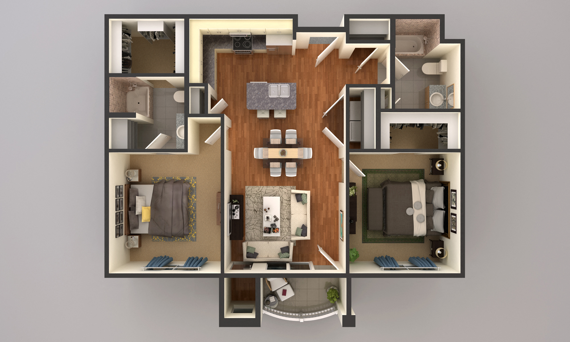 Floor plan for 2 beds, 2 baths, 952 sqft